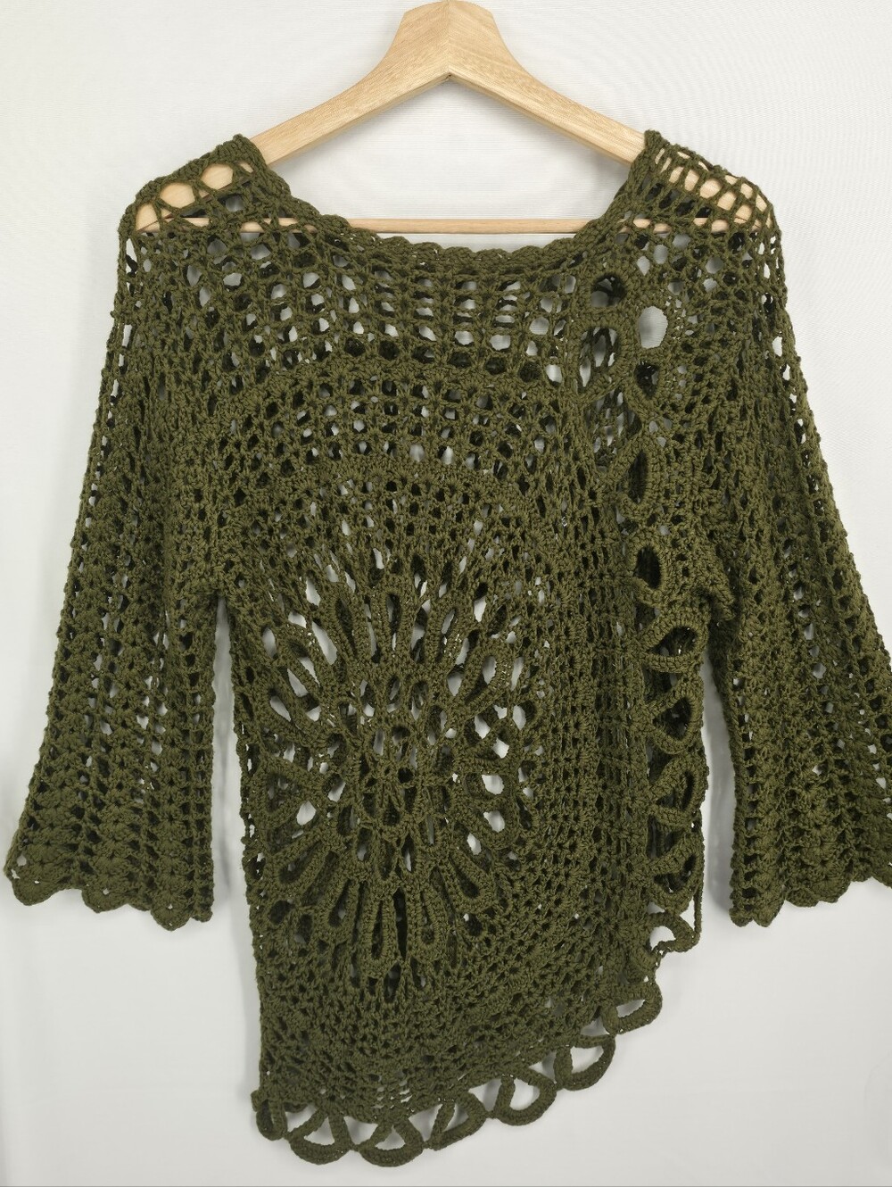 Vintage 90s Olive Crochet Asymmetrical Knit Top Bell Sleeve Boho Coastal Medium - Picture 7 of 10